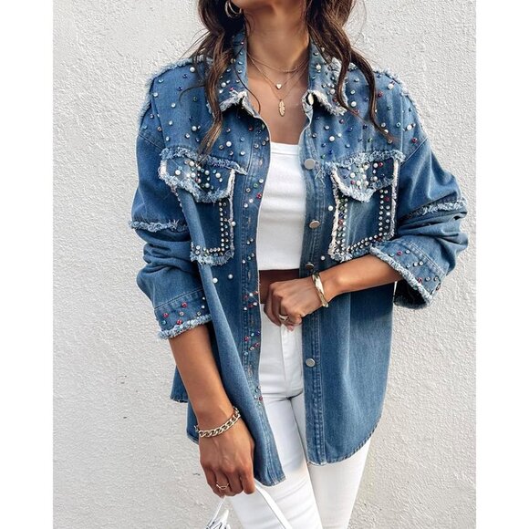 Stylish Women's Casual Denim Jacket - Oversized Sequin Long Sleeve Shacket in XL - Picture 6 of 6